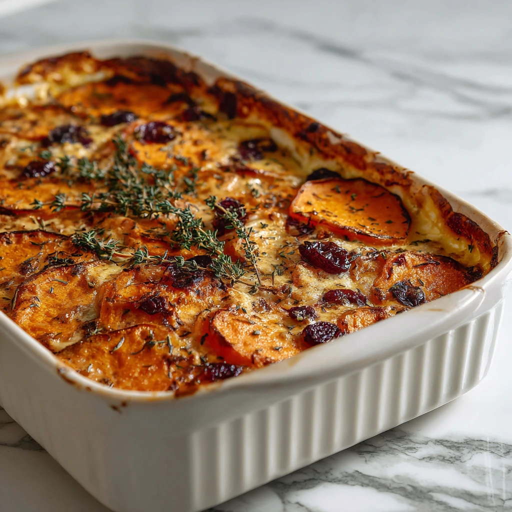 Decadent Sweet Potato & Cranberry Gratin with Creamy Parmesan Layer