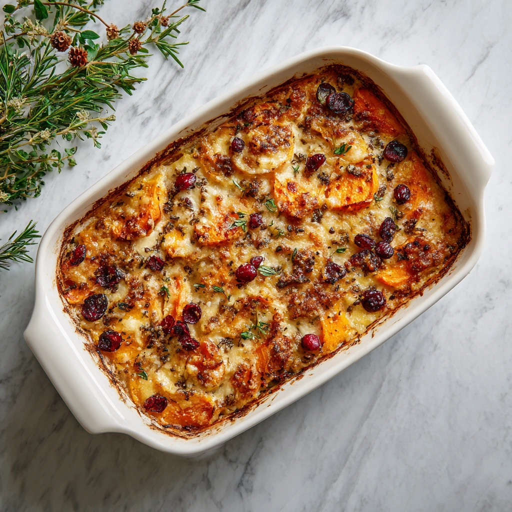 Decadent Sweet Potato & Cranberry Gratin with Creamy Parmesan Layer