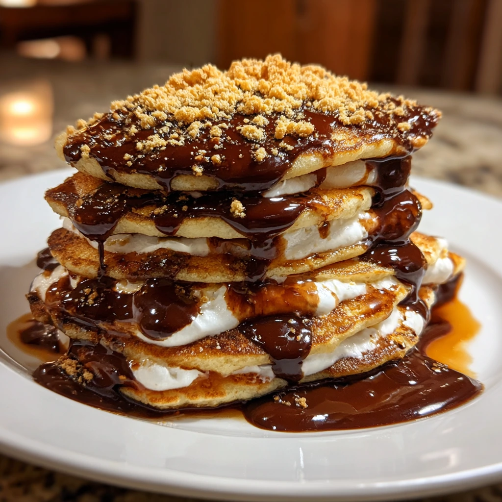 Deliciously Fluffy Sweet S'mores Pancakes with Chocolate and Marshmallows