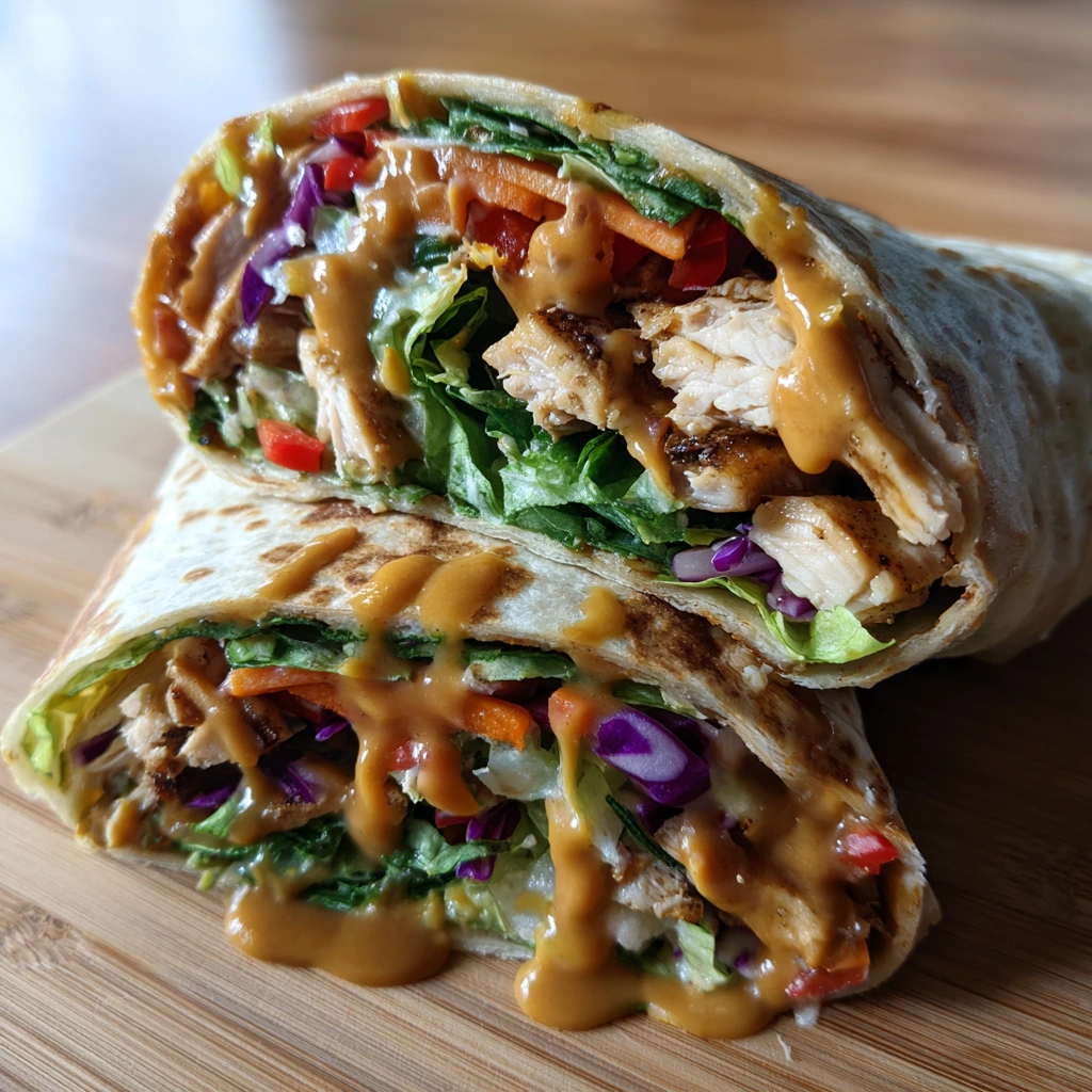 Delicious Thai Peanut Chicken Wraps with Crunchy Veggies and Zesty Sauce