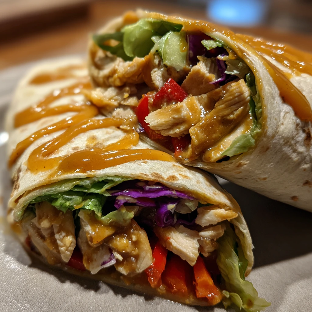 Delicious Thai Peanut Chicken Wraps with Crunchy Veggies and Zesty Sauce