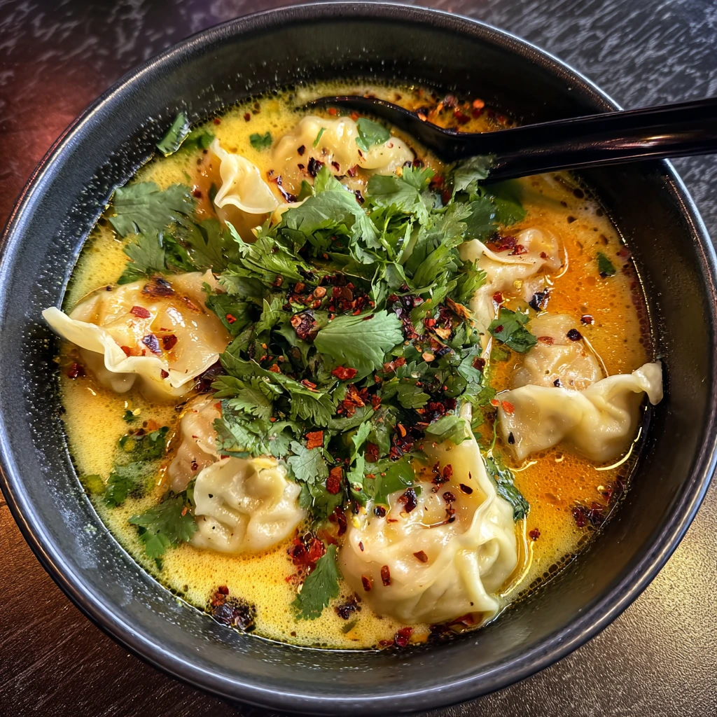 Savory Thai Potsticker Soup with Ginger, Cilantro, and Spicy Broth