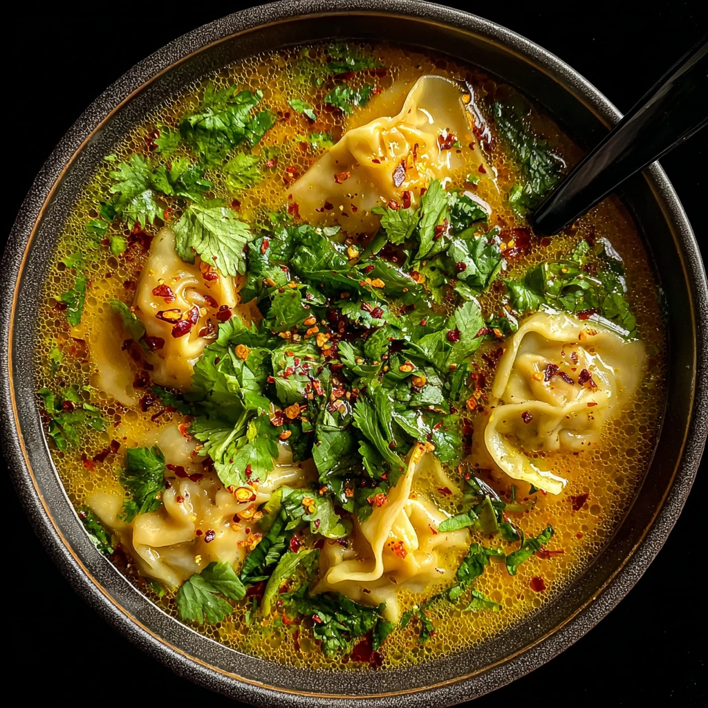 Savory Thai Potsticker Soup with Ginger, Cilantro, and Spicy Broth