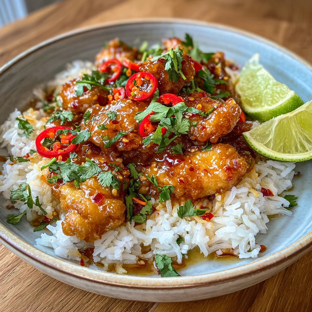 Savory Thai Sweet Chili Chicken with Crispy Vegetables and Aromatic Rice