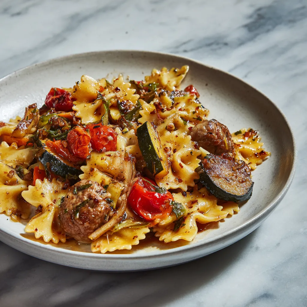 Italian Sausage Brussels Sprouts Bow Tie Pasta with Garlic Parmesan and Crispy Caramelized Vegetables - secondary view