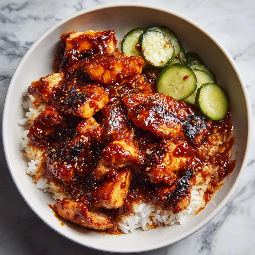 Crispy Caramelized Gochujang Chicken Rice Bowl with Sweet and Spicy Korean Glaze - secondary view