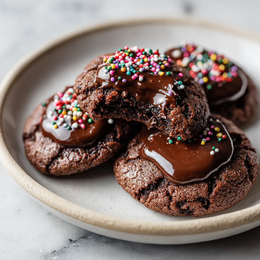 Ultimate Chocolate Sprinkle Cookies with Silky Chocolate Ganache Topping and Rainbow Decorations