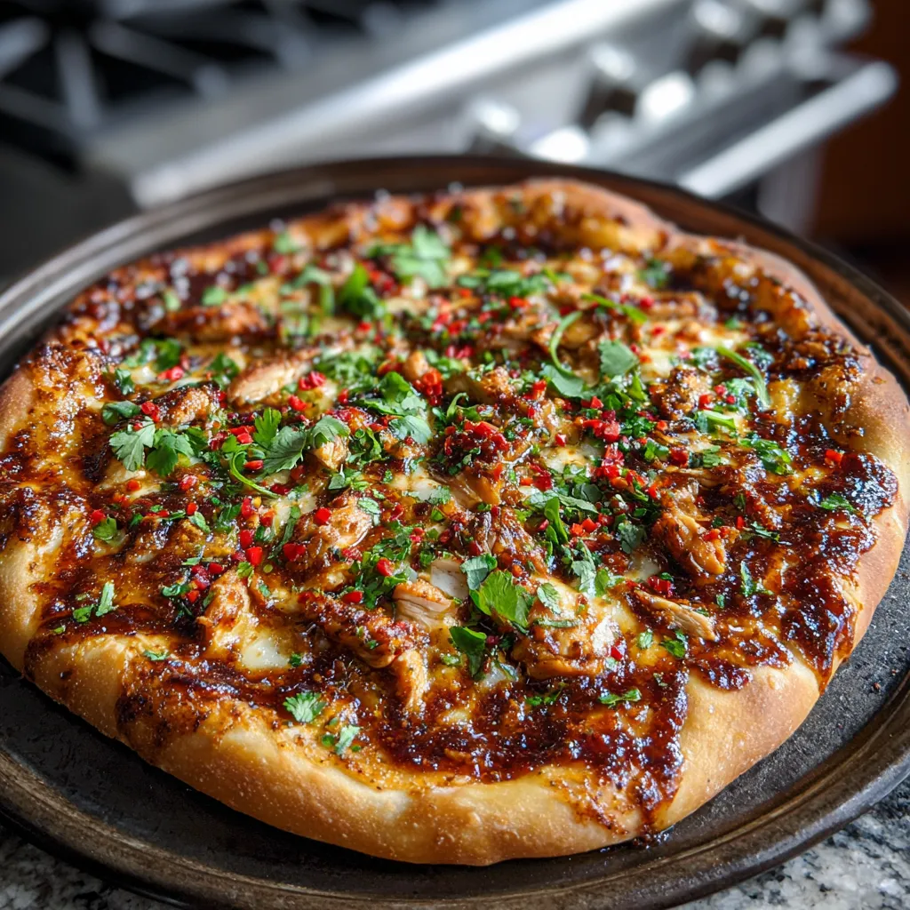 Sweet and Spicy Honey Chili Glazed Chicken Pizza with Fresh Cilantro and Caramelized Onions