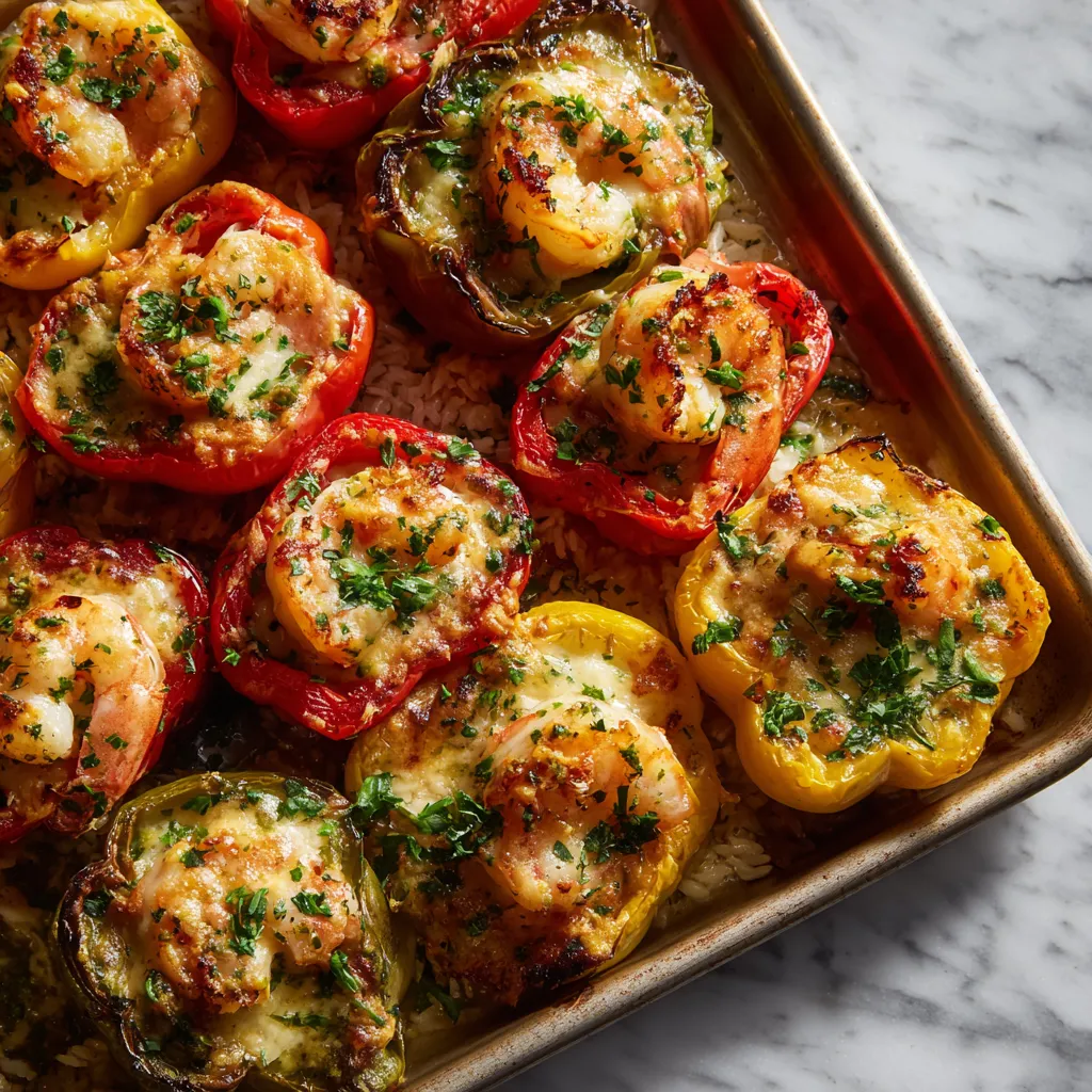 Garlic Butter Shrimp Stuffed Bell Peppers with Melted Cheese and Fresh Herbs - tertiary view
