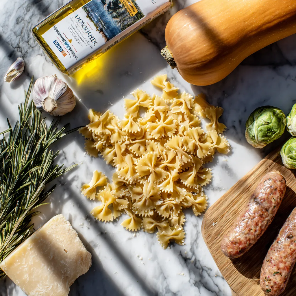 Italian Sausage Brussels Sprouts Bow Tie Pasta with Garlic Parmesan and Crispy Caramelized Vegetables