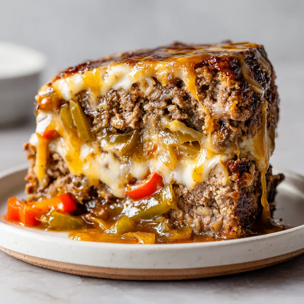 Ultimate Philly Cheesesteak Meatloaf with Provolone Cheese, Caramelized Peppers and Onions - tertiary view