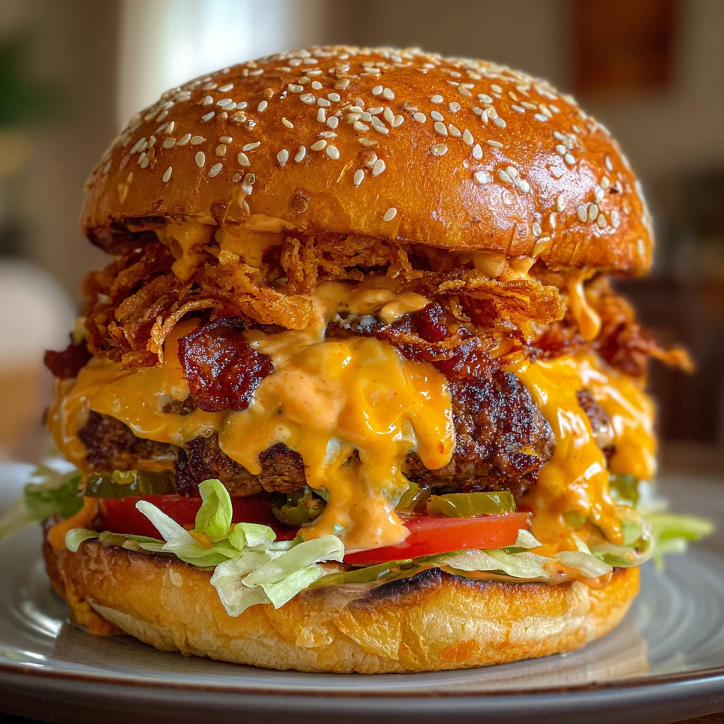 Ultimate Triple Nacho Queso Lava Burger with Savory Toppings and Crunchy Chips