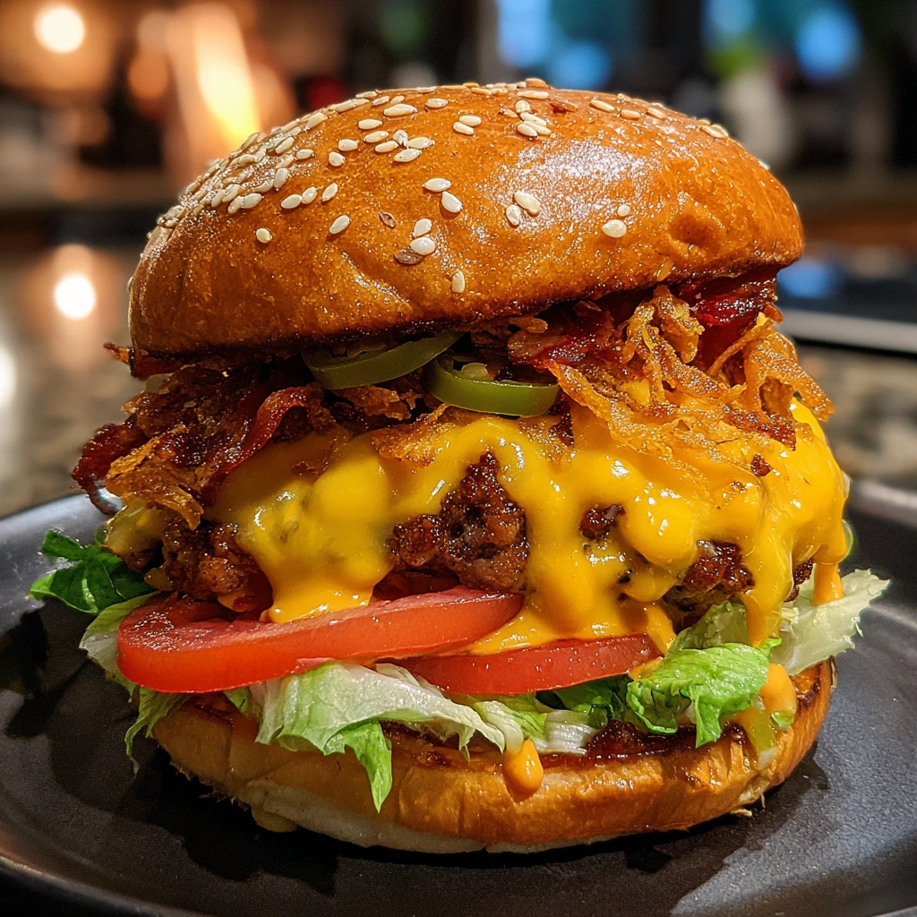 Ultimate Triple Nacho Queso Lava Burger with Savory Toppings and Crunchy Chips