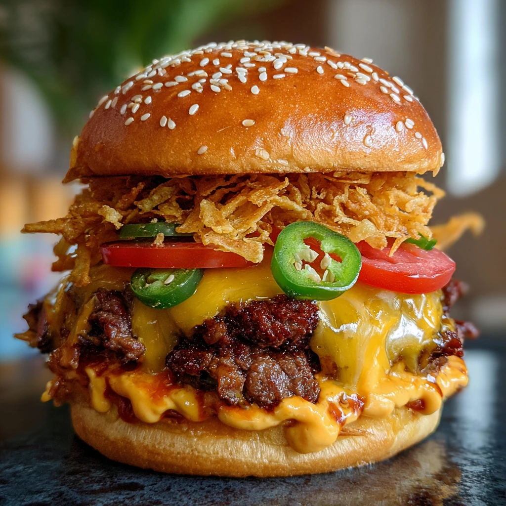 Ultimate Triple Nacho Queso Lava Burger with Savory Toppings and Crunchy Chips