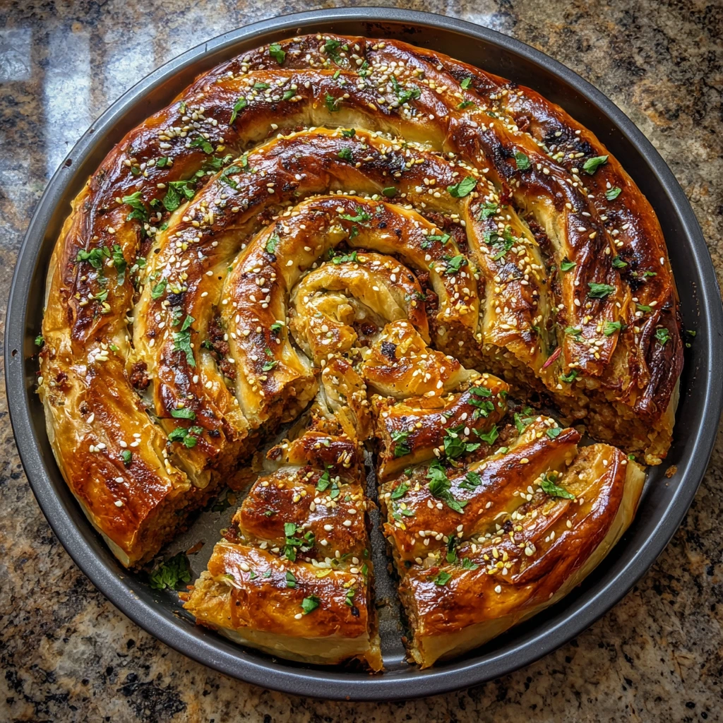 Delicious Turkish Spiral Borek with Feta, Spinach, and Aromatic Spices