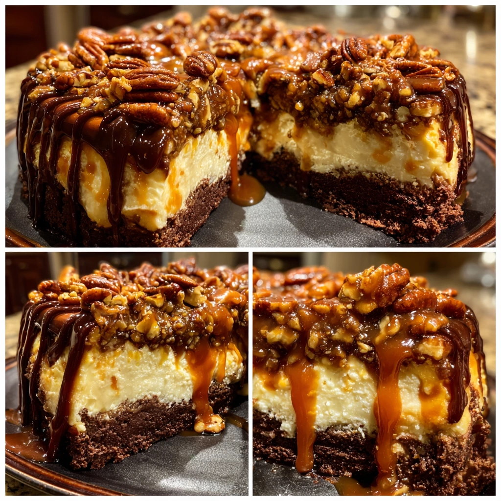 Decadent Turtle Fudge Brownie Cheesecake with Caramel and Pecans