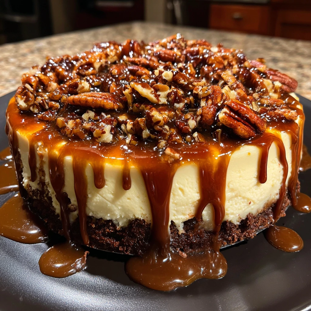 Decadent Turtle Fudge Brownie Cheesecake with Caramel and Pecans