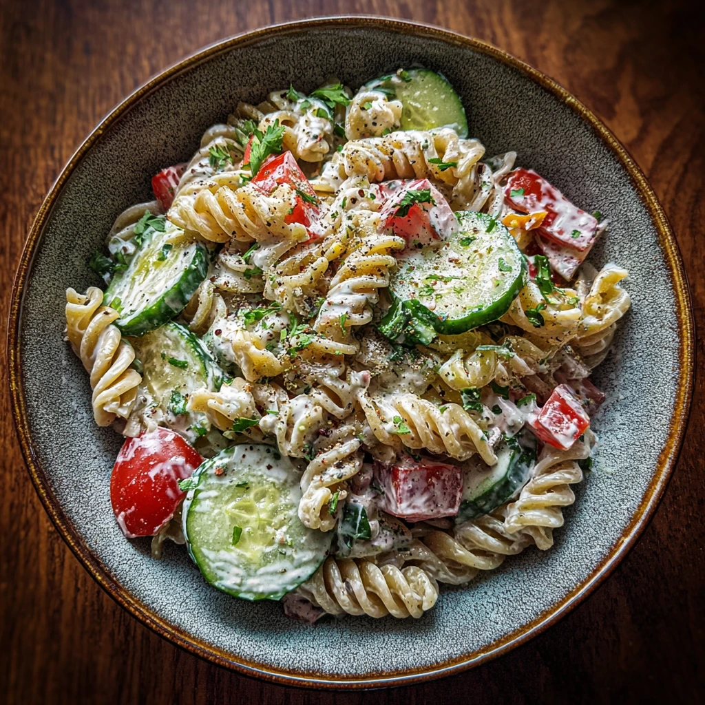 Creamy Tzatziki Pasta Salad with Fresh Vegetables and Herbs