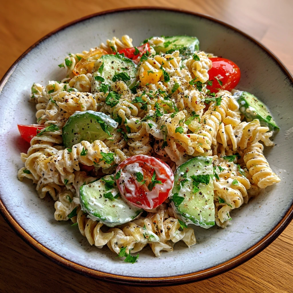 Creamy Tzatziki Pasta Salad with Fresh Vegetables and Herbs
