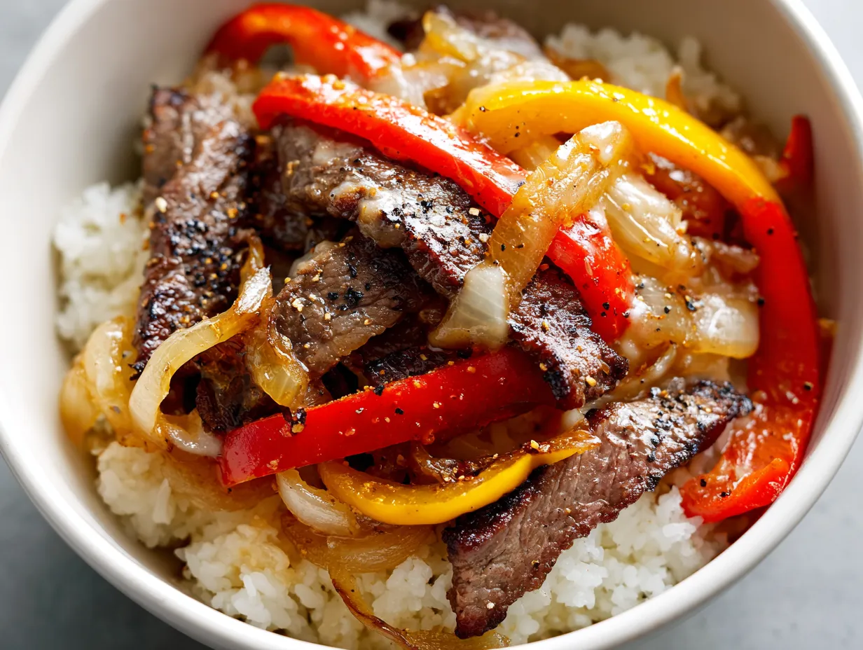Ultimate Philly Cheesesteak Bowl with Thinly Sliced Ribeye and Peppers
