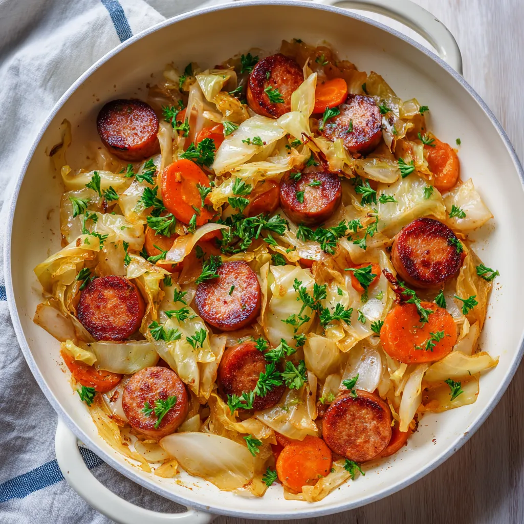 Easy One-Pan Cabbage and Kielbasa Skillet with Caramelized Onions and Savory Seasonings