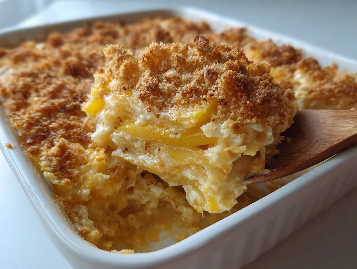 Easy Southern Yellow Squash Casserole with Buttery Cracker Topping and Cheese
