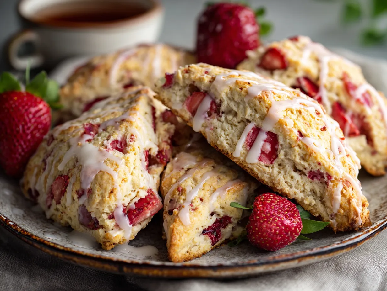 Rustic Golden-Topped Fresh Strawberry Scones with Vanilla Bean Glaze and Demerara Sugar