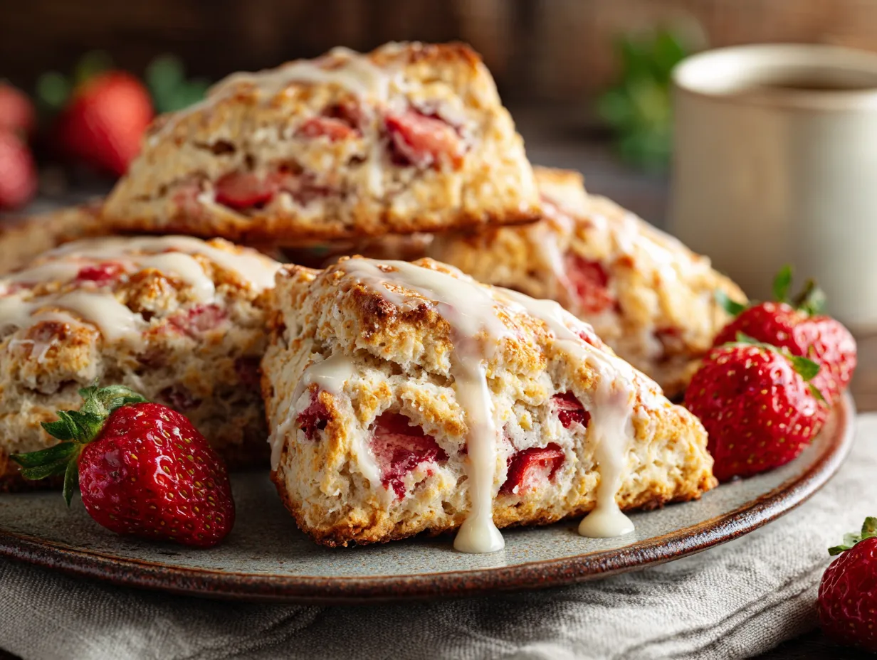 Rustic Golden-Topped Fresh Strawberry Scones with Vanilla Bean Glaze and Demerara Sugar - tertiary view