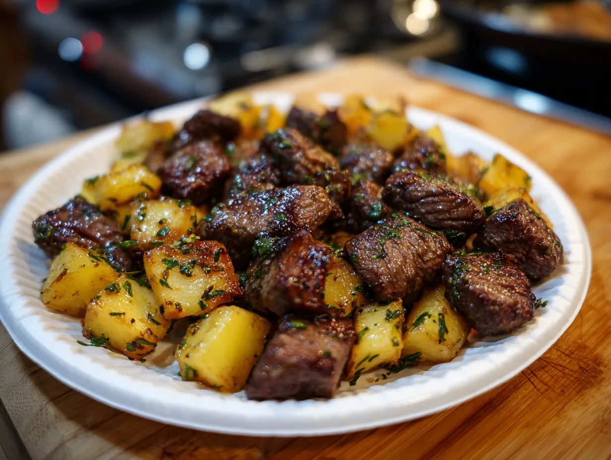 Perfect Garlic Butter Steak Bites with Fresh Herbs and Wine Reduction - secondary view