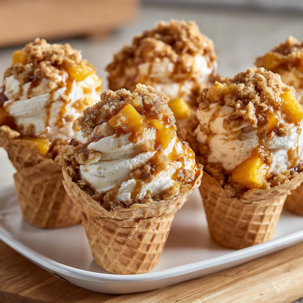 Individual Peach Cobbler Cheesecake Cones with Cinnamon Crumble Topping - main view