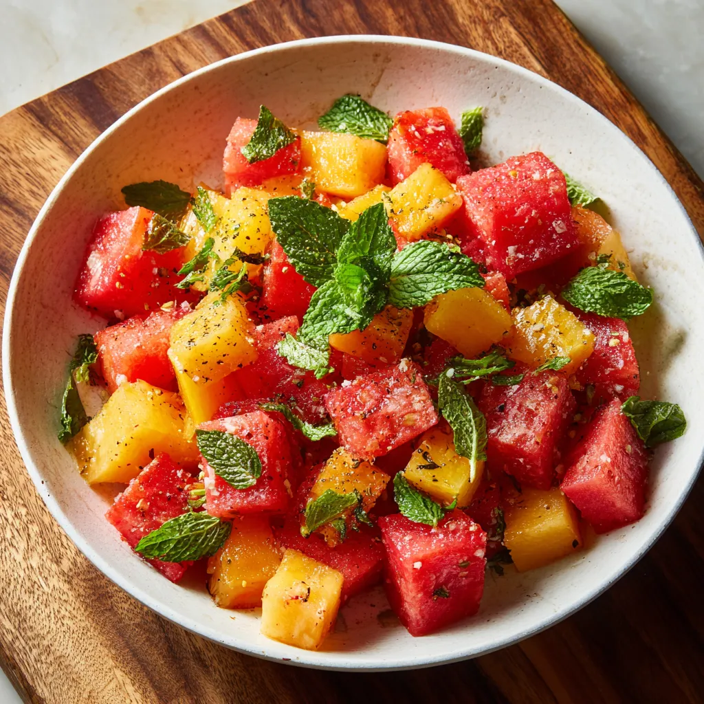 Fresh Summer Peach Watermelon Salad with Mint and Lime Dressing - secondary view