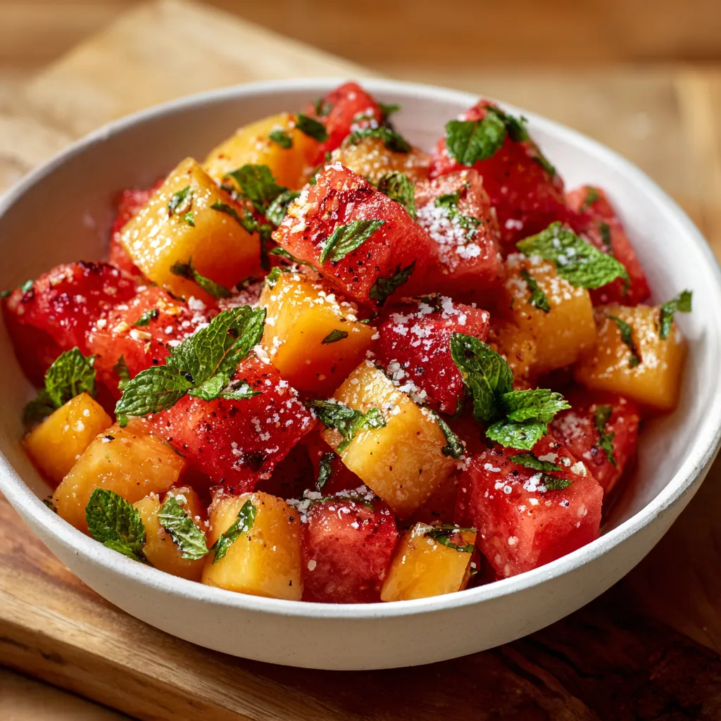 Fresh Summer Peach Watermelon Salad with Mint and Lime Dressing - tertiary view