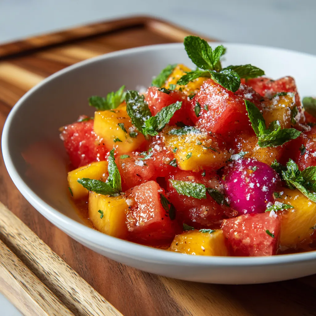 Fresh Summer Peach Watermelon Salad with Mint and Lime Dressing