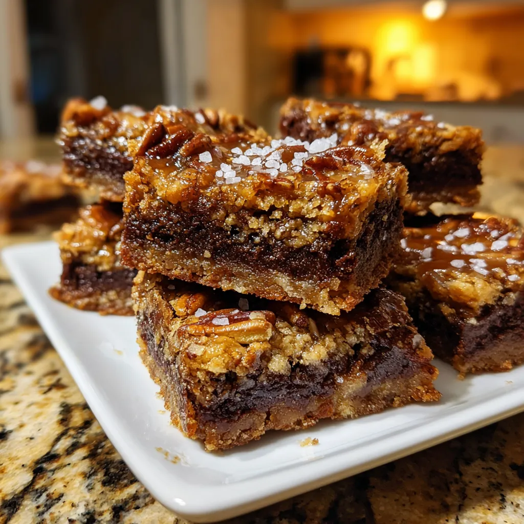 Decadent Salted Pecan Pie Brownies with Caramel Drizzle and Chocolate Ganache Swirl - secondary view
