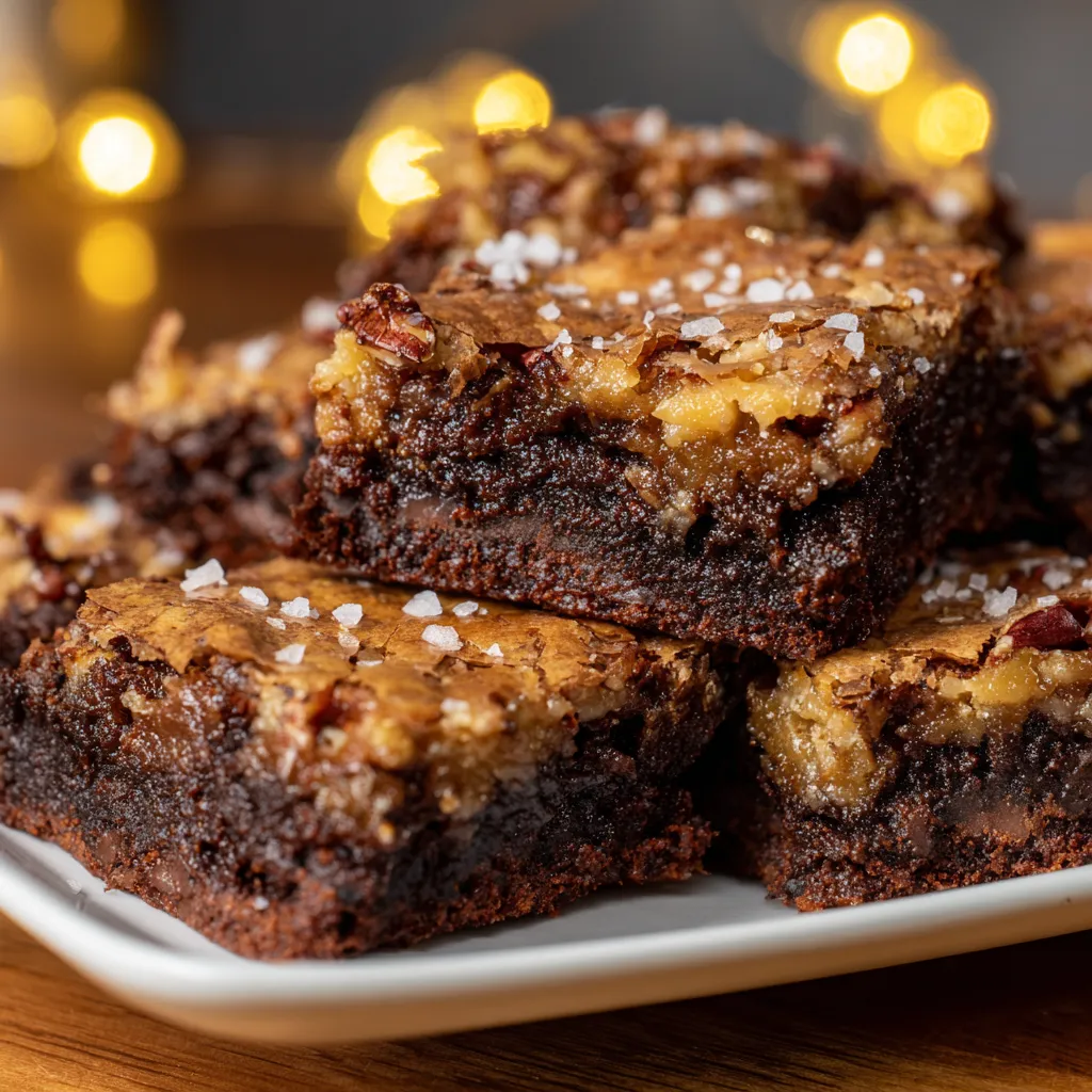 Decadent Salted Pecan Pie Brownies with Caramel Drizzle and Chocolate Ganache Swirl - tertiary view