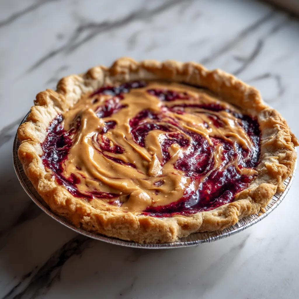 Creamy Peanut Butter and Jelly Pie with Graham Cracker Crust and Fresh Berry Topping