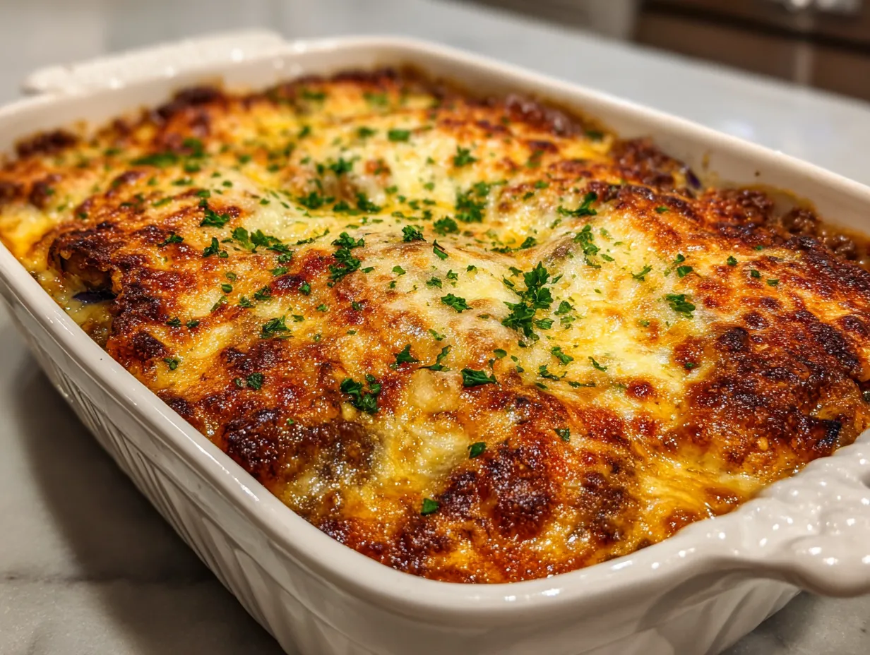Mediterranean Baked Eggplant and Seasoned Ground Beef Casserole with Fresh Herbs - main view