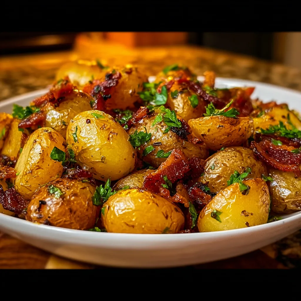 Crispy Honey Bacon Roasted Potatoes with Caramelized Onions and Fresh Herbs