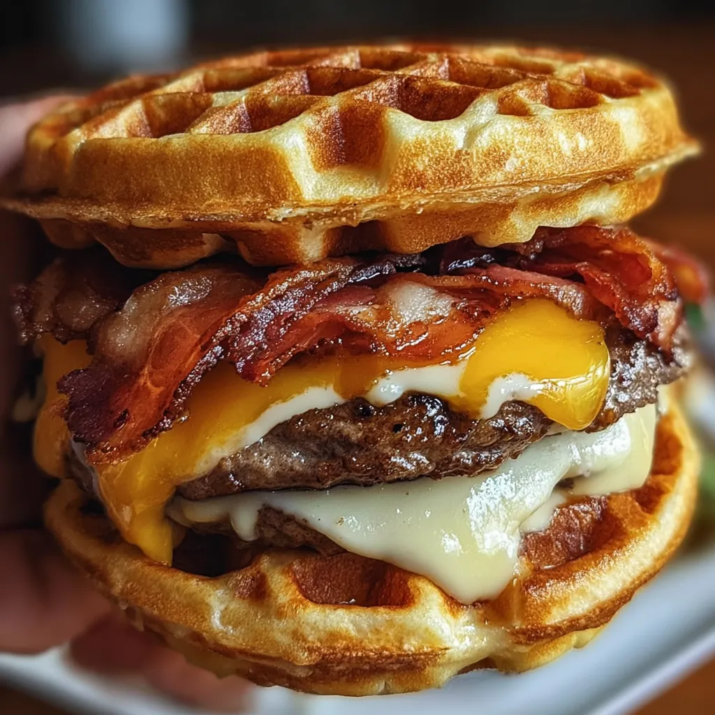 Ultimate Waffle Bacon Cheeseburger - Savory Sweet Breakfast-Dinner Fusion Paradise Experience - secondary view