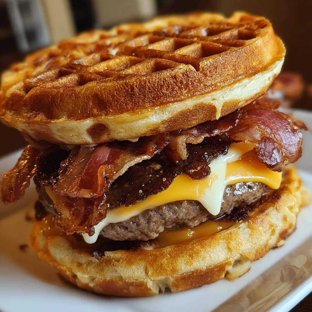 Ultimate Waffle Bacon Cheeseburger - Savory Sweet Breakfast-Dinner Fusion Paradise Experience