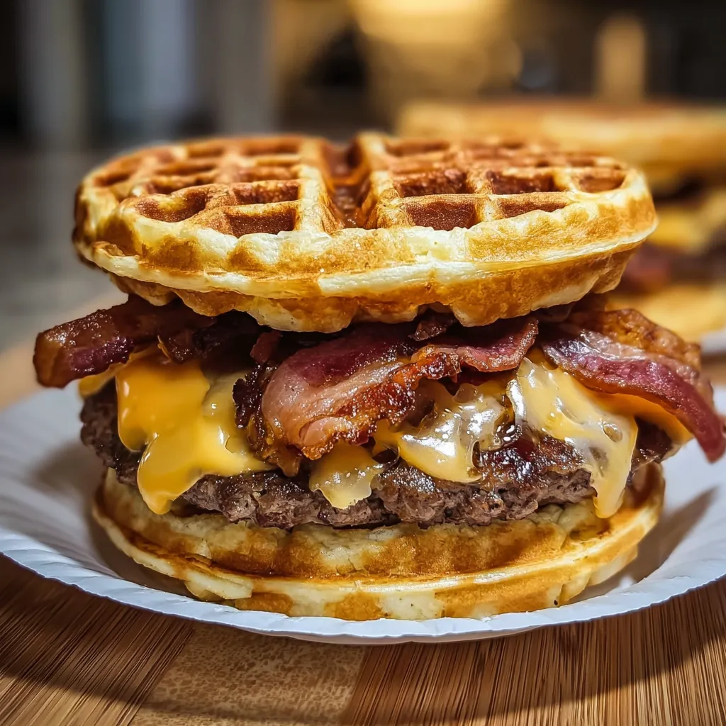 Ultimate Maple Bacon Waffle Burger with Crispy Chicken and Sweet Syrup Glaze