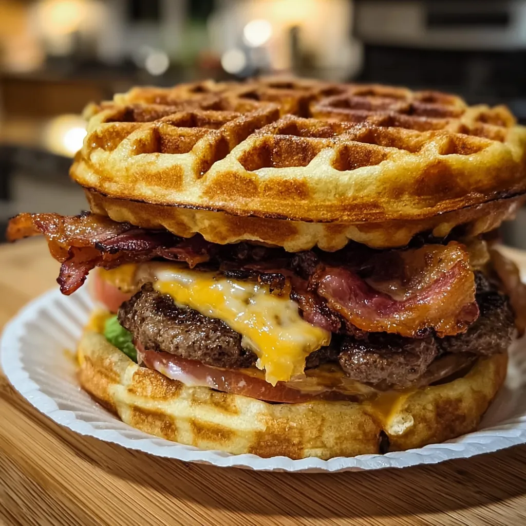 Ultimate Maple Bacon Waffle Burger with Crispy Chicken and Sweet Syrup Glaze - secondary view