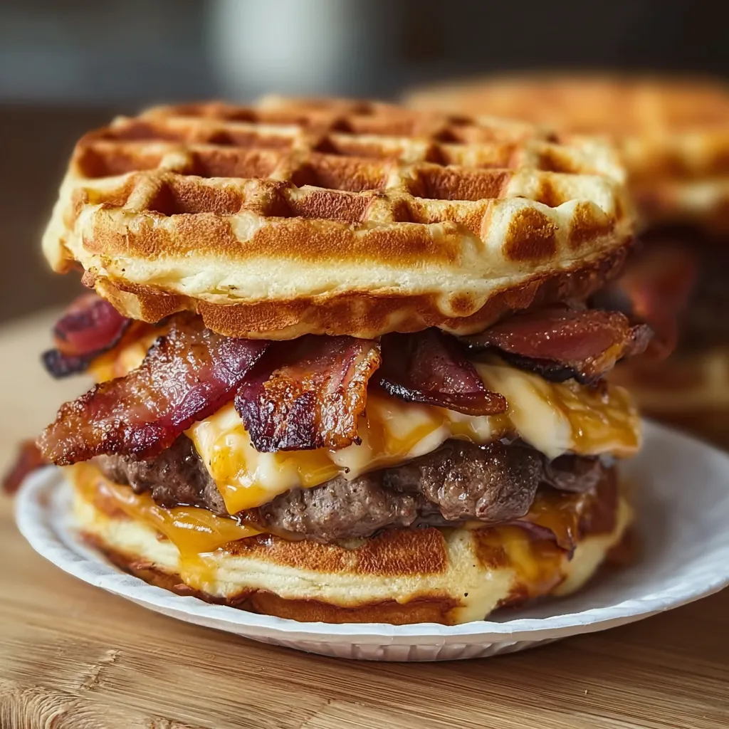 Ultimate Maple Bacon Waffle Burger with Crispy Chicken and Sweet Syrup Glaze - tertiary view