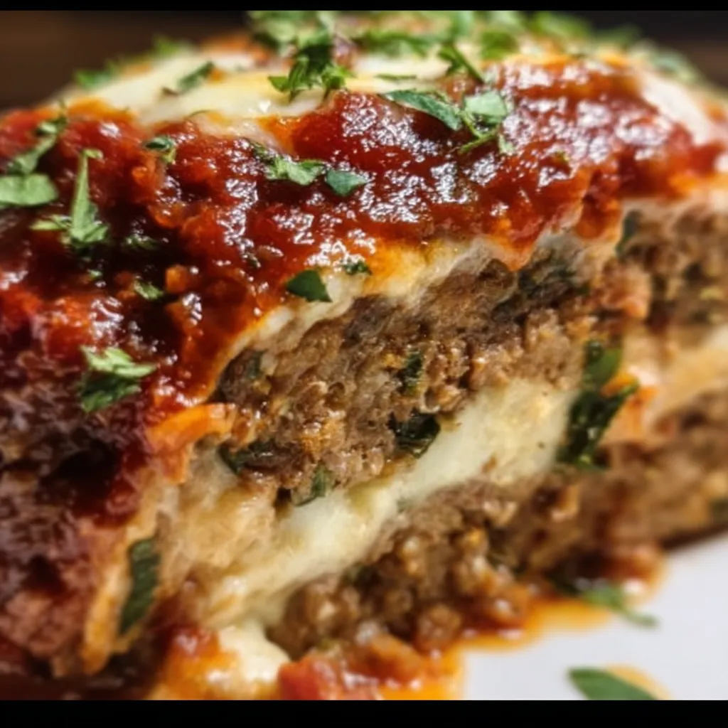 Stuffed Italian Meatloaf with Mozzarella and Herb Filling and Marinara Glaze