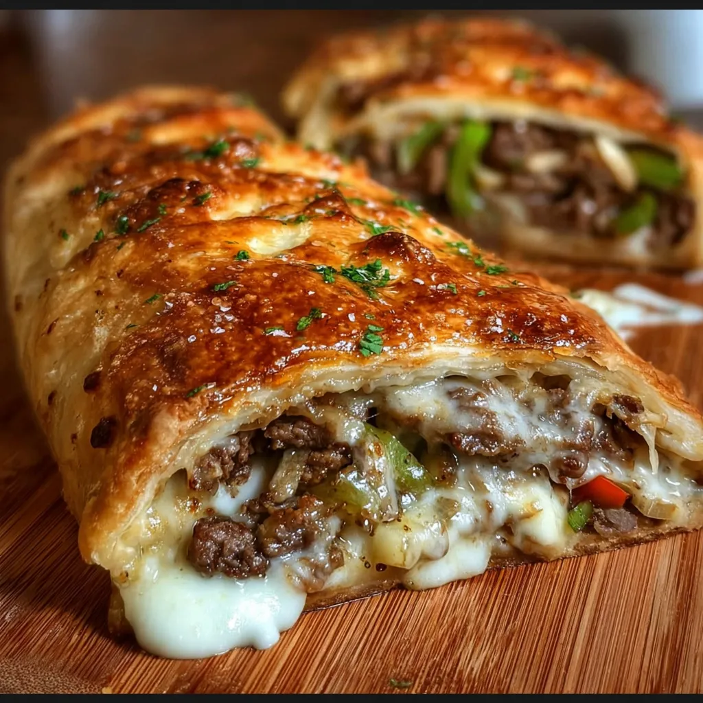 Mozzarella Cheesesteak Stromboli - Ultimate Cheesy Meaty Rolled Pizza Paradise Experience