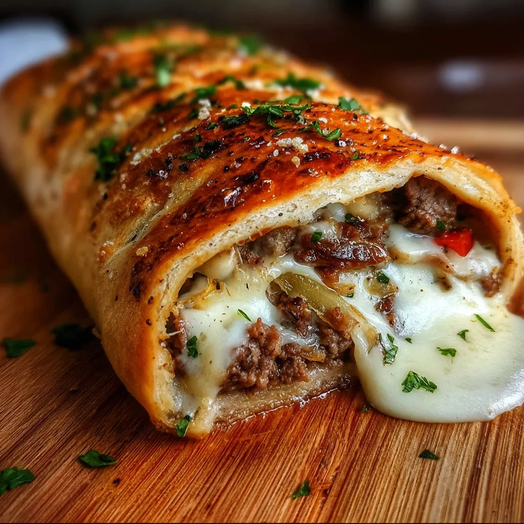 Mozzarella Cheesesteak Stromboli with Peppers Onions and Savory Beef