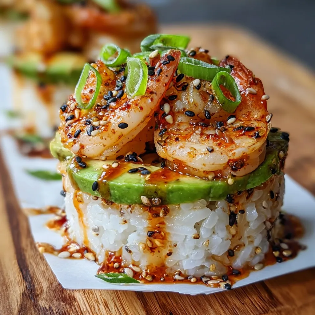 Layered Spicy Shrimp Sushi Stack with Avocado and Sriracha Mayo Drizzle - main view