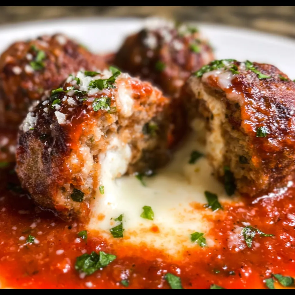 Mozzarella Stuffed Meatballs with Melted Cheese Center and Italian Herb Coating