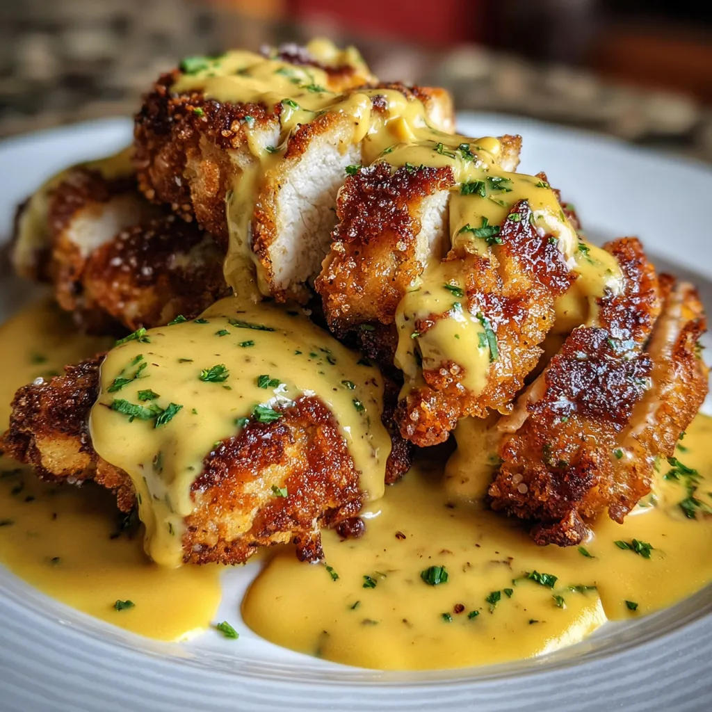 Crispy Pretzel-Crusted Chicken Breasts with Creamy Mustard-Cheddar Sauce