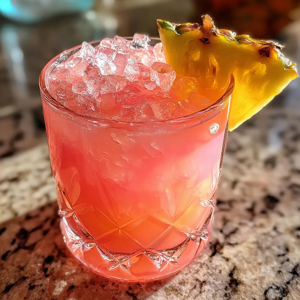 Tropical Pink Coconut Rum Punch with Fresh Pineapple and Grenadine